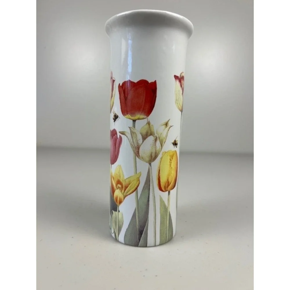 Marjolein Bastin Ceramic Cylinder Vase White Floral Tulips‎ Bee Butterfly 8.25in